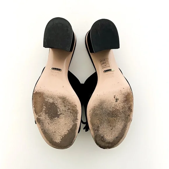 Gucci Marmont GG Logo Black Suede Fringe High Heeled Slip On Mules Slides 38.5 - Picture 9 of 12